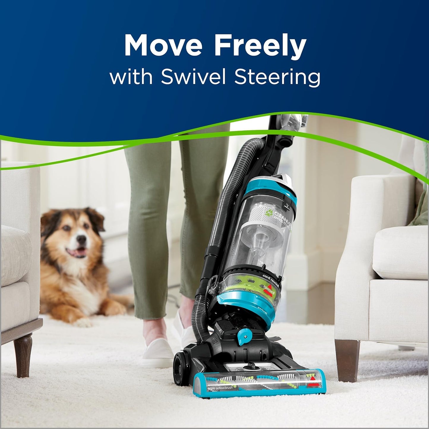 BISSELL 2254 CleanView Swivel Rewind Pet Upright Bagless Vacuum, Automatic Cord Rewind, Swivel Steering, Powerful Pet Hair Pickup, Specialized Pet Tools, Large Capacity Dirt Tank,Teal