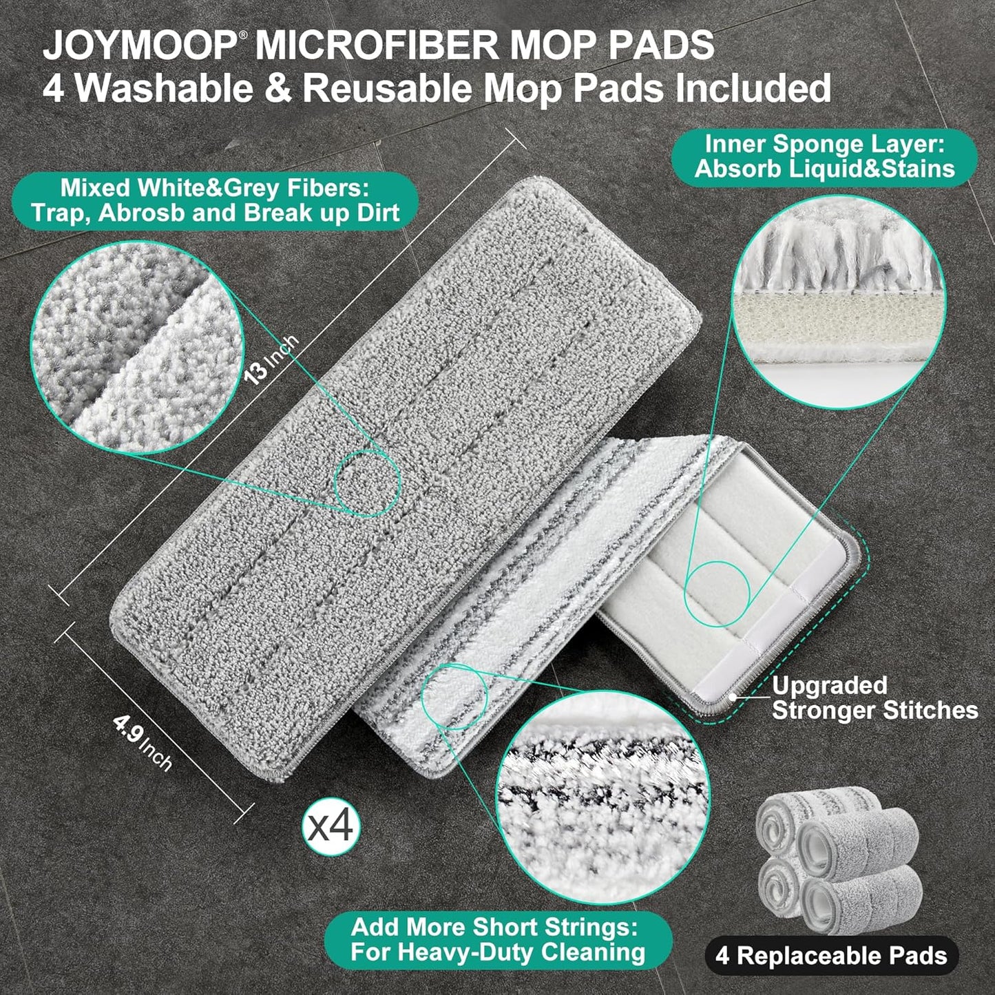 JOYMOOP Mop and Bucket Set with Wringer, Hands Free Flat Mops for Floor Cleaning, 60" Mop with 4 Reusable Microfiber Pads, Wet and Dry Use