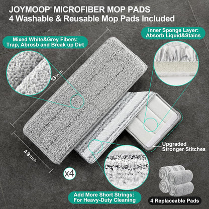 JOYMOOP Mop and Bucket Set with Wringer, Hands Free Flat Mops for Floor Cleaning, 60" Mop with 4 Reusable Microfiber Pads, Wet and Dry Use