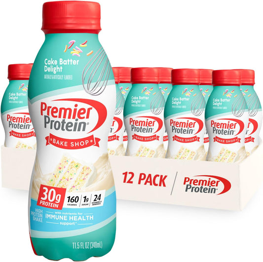 Premier Protein Shake, Cake Batter Delight, 30 g Protein, 1 g Sugar, 24 Vitamins & Minerals, Nutrients to Support Immune Health, Cream, 11.5 Fl Oz, Pack of 12, 340 ml (Pack of 12)