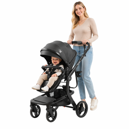 Luxury High Landscape Baby Stroller & Bassinet Travel System | One-Button Fold | High View | Baby Glide Black Stroller