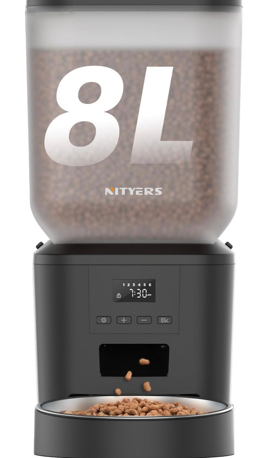 Automatic Dog Feeder - 8L/34 Cups Large Capacity Automatic Cat Food Dispenser with LCD Screen, Large Food Tray, Battery Operated, Timed Cat Feeder, Up to 50 Portions 6 Meals Per Day, Keeps Fresh