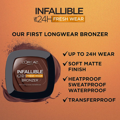 Paris Cosmetics Infallible Up to 24H Fresh Wear Soft Matte Longwear Bronzer. Waterproof, heatproof, Transfer, humidity and sweatproof, Medium, 0.31 oz