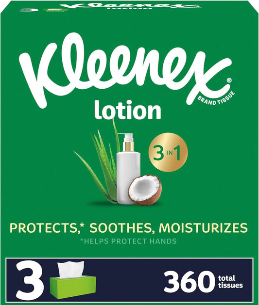 Kleenex Lotion Facial Tissues with Coconut Oil, 3 Flat Boxes, 120 Tissues Per Box, 3-Ply