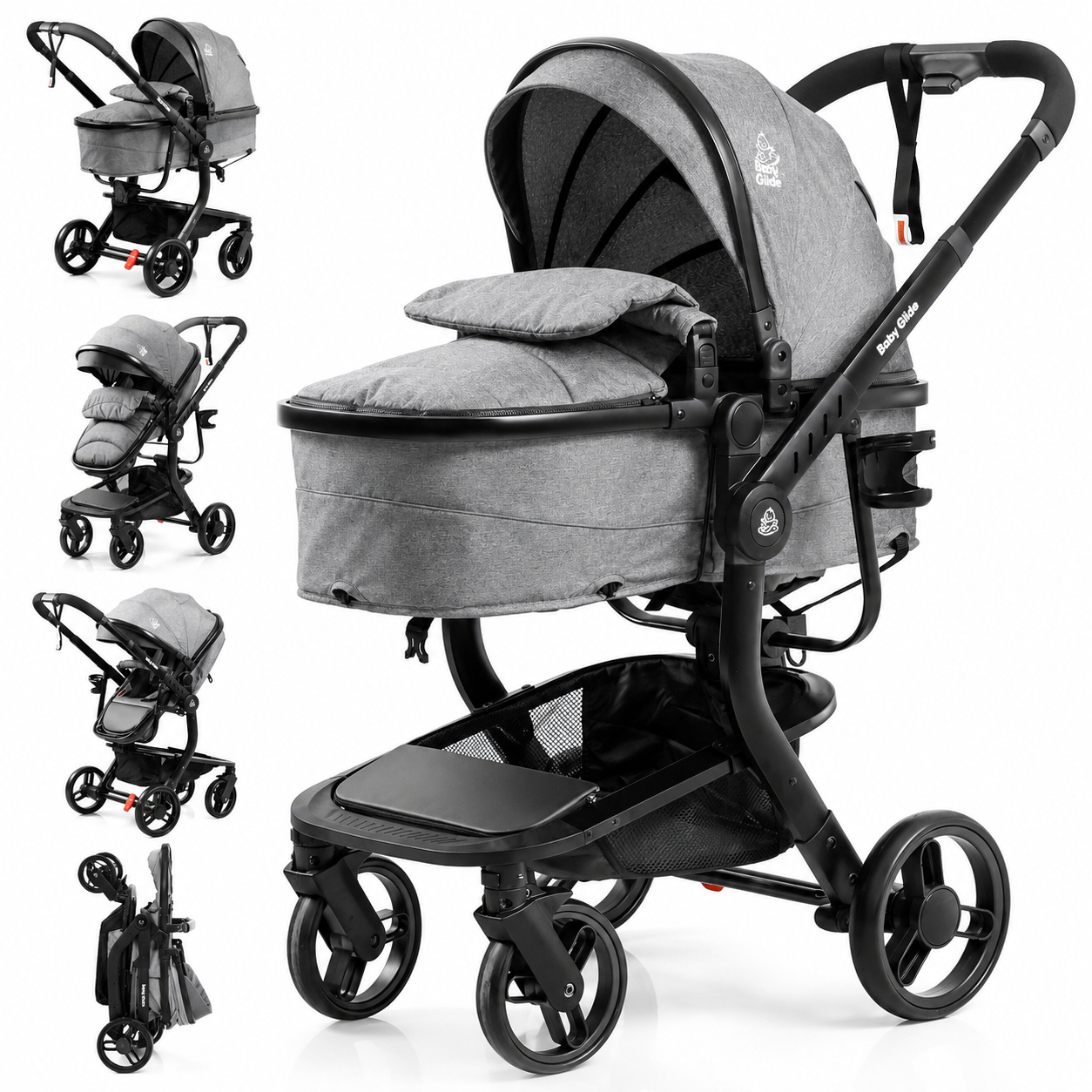 Baby Glide Luxury Reversible Baby Stroller – High Landscape Pram with Adjustable Push Handle, One-Hand Fold, Large Storage Basket, 5-Point Safety Harness, Extendable Canopy, Cup Holder & Australian Standard Tested