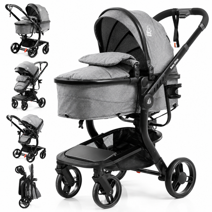 Baby Glide Luxury Reversible Baby Stroller – High Landscape Pram with Adjustable Push Handle, One-Hand Fold, Large Storage Basket, 5-Point Safety Harness, Extendable Canopy, Cup Holder & Australian Standard Tested