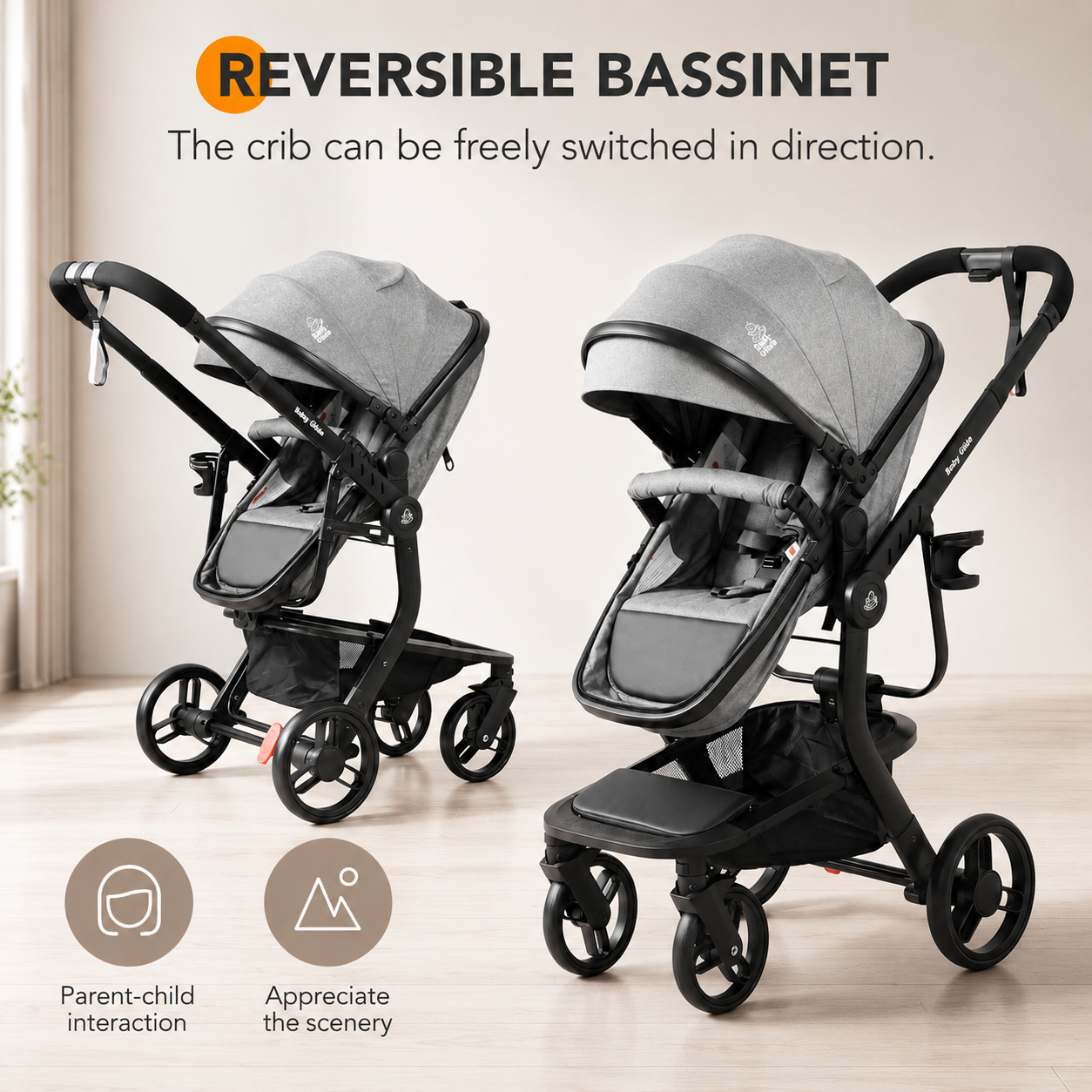Baby Glide Luxury Reversible Baby Stroller – High Landscape Pram with Adjustable Push Handle, One-Hand Fold, Large Storage Basket, 5-Point Safety Harness, Extendable Canopy, Cup Holder & Australian Standard Tested