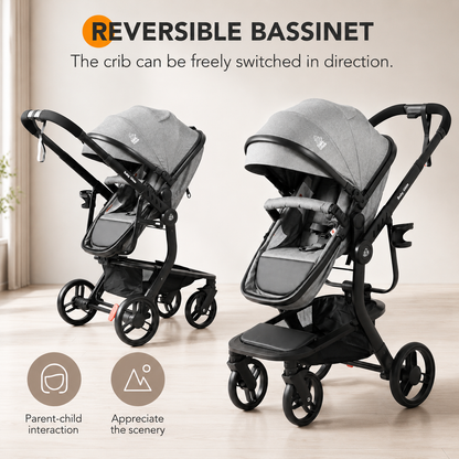 Baby Glide Luxury Reversible Baby Stroller – High Landscape Pram with Adjustable Push Handle, One-Hand Fold, Large Storage Basket, 5-Point Safety Harness, Extendable Canopy, Cup Holder & Australian Standard Tested