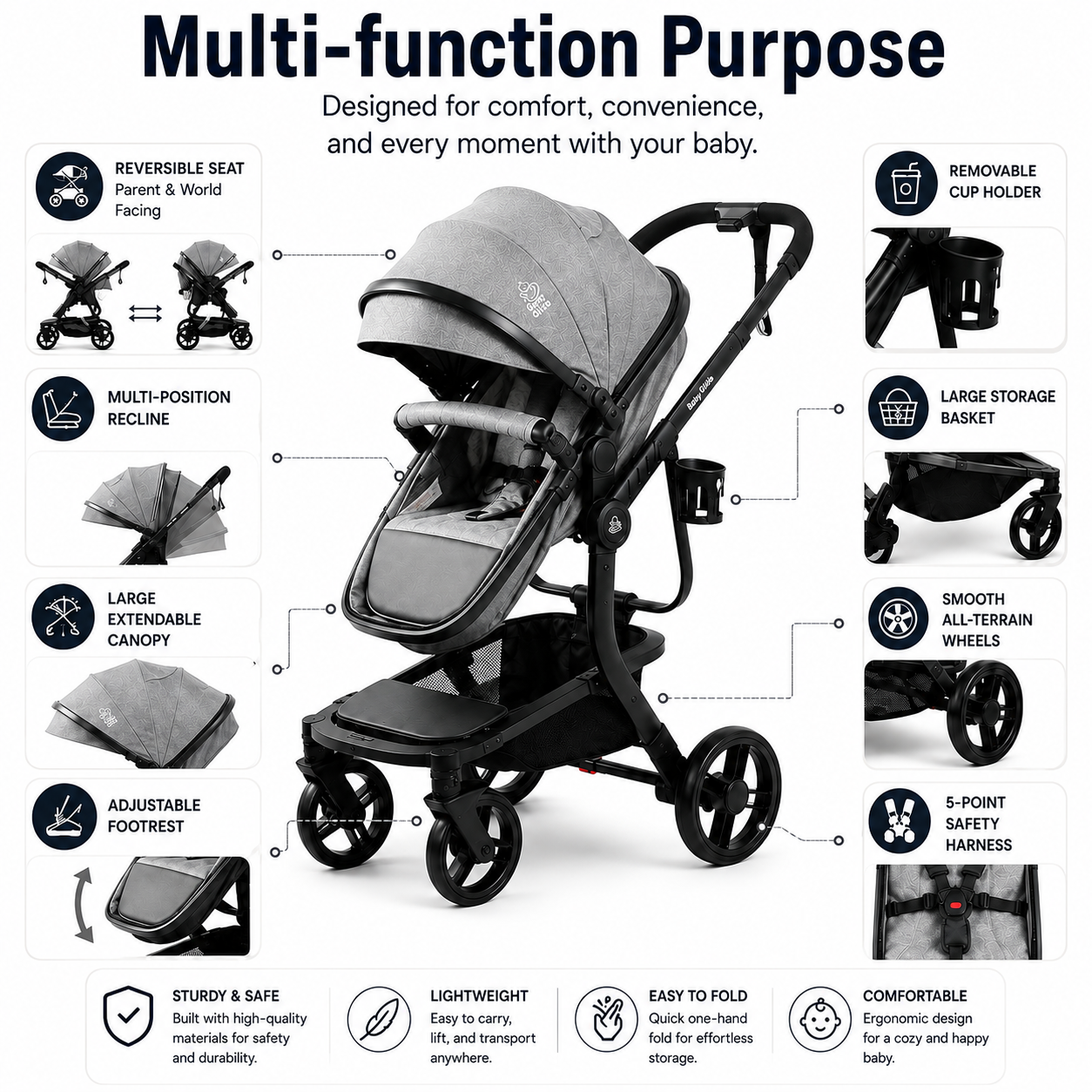 Baby Glide Luxury Reversible Baby Stroller – High Landscape Pram with Adjustable Push Handle, One-Hand Fold, Large Storage Basket, 5-Point Safety Harness, Extendable Canopy, Cup Holder & Australian Standard Tested