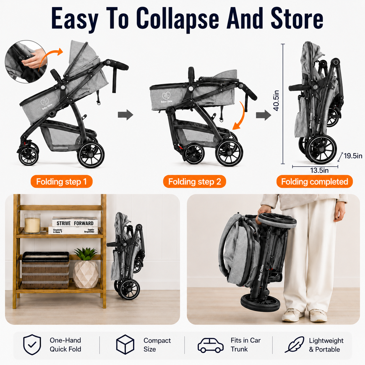 Baby Glide Luxury Reversible Baby Stroller – High Landscape Pram with Adjustable Push Handle, One-Hand Fold, Large Storage Basket, 5-Point Safety Harness, Extendable Canopy, Cup Holder & Australian Standard Tested