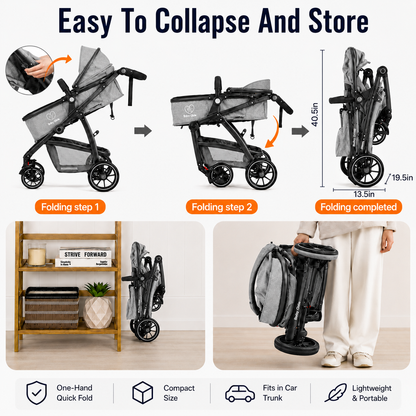 Baby Glide Luxury Reversible Baby Stroller – High Landscape Pram with Adjustable Push Handle, One-Hand Fold, Large Storage Basket, 5-Point Safety Harness, Extendable Canopy, Cup Holder & Australian Standard Tested