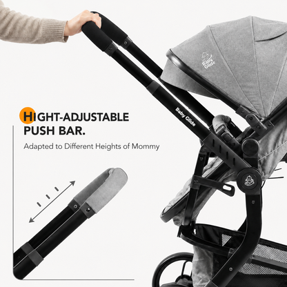 Baby Glide Luxury Reversible Baby Stroller – High Landscape Pram with Adjustable Push Handle, One-Hand Fold, Large Storage Basket, 5-Point Safety Harness, Extendable Canopy, Cup Holder & Australian Standard Tested