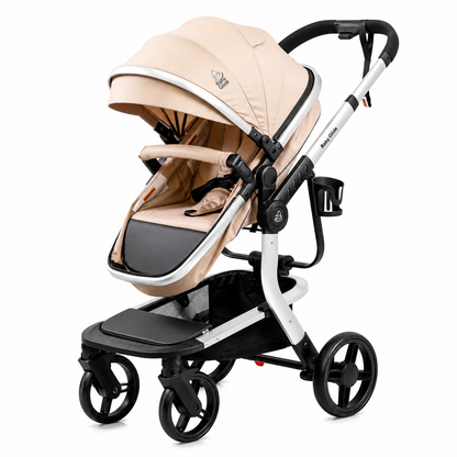 Luxury High Landscape Baby Stroller & Bassinet Travel System | One-Button Fold | High View-Beige