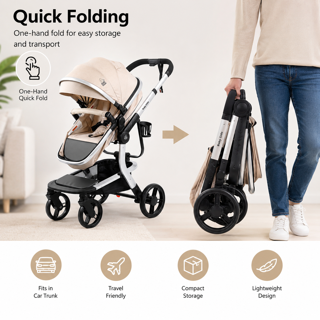 Luxury High Landscape Baby Stroller & Bassinet Travel System | One-Button Fold | High View-Beige