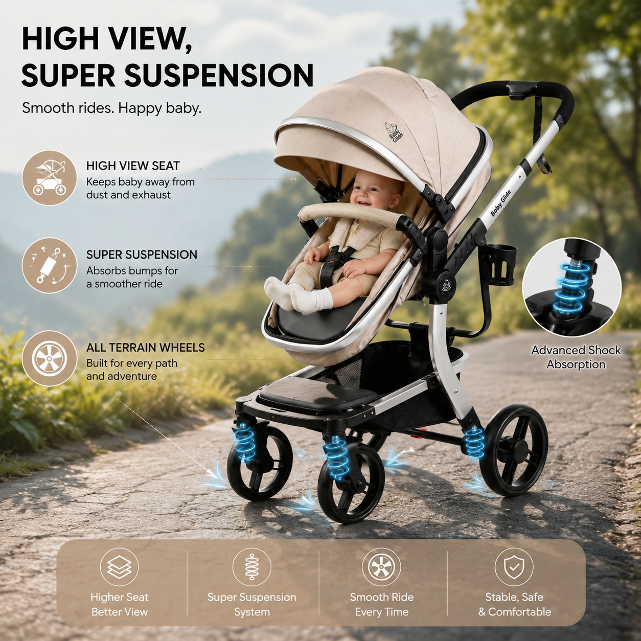 Luxury High Landscape Baby Stroller & Bassinet Travel System | One-Button Fold | High View-Beige