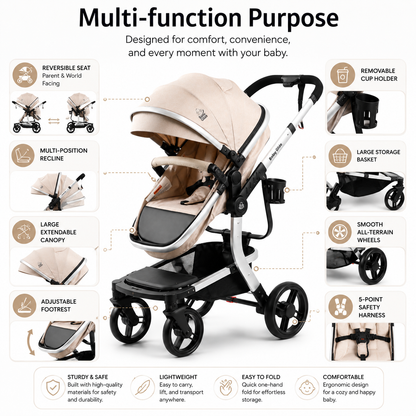 Luxury High Landscape Baby Stroller & Bassinet Travel System | One-Button Fold | High View-Beige