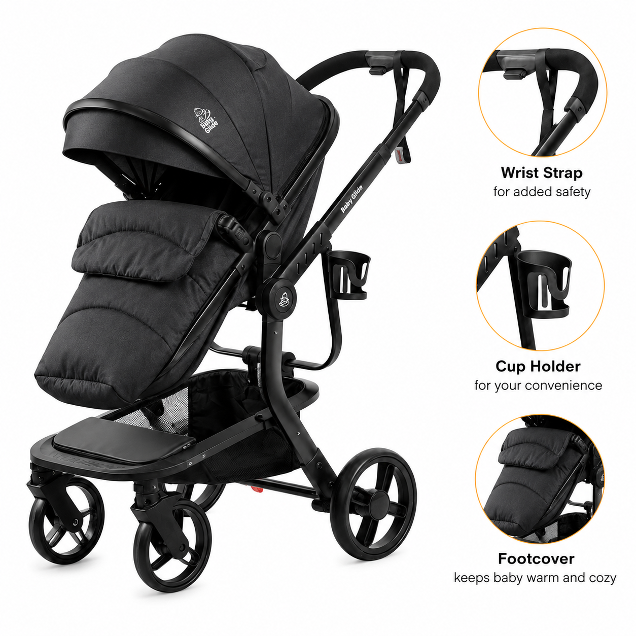 Luxury High Landscape Baby Stroller & Bassinet Travel System | One-Button Fold | High View | Baby Glide Black Stroller