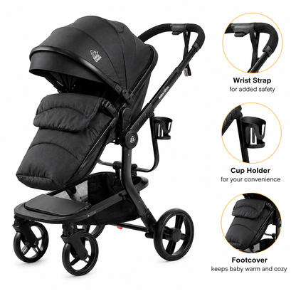 Luxury High Landscape Baby Stroller & Bassinet Travel System | One-Button Fold | High View | Baby Glide Black Stroller