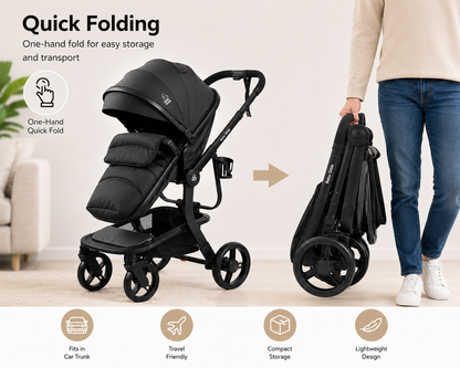 Luxury High Landscape Baby Stroller & Bassinet Travel System | One-Button Fold | High View | Baby Glide Black Stroller