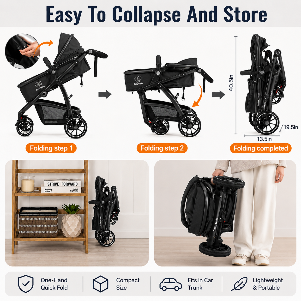 Luxury High Landscape Baby Stroller & Bassinet Travel System | One-Button Fold | High View | Baby Glide Black Stroller