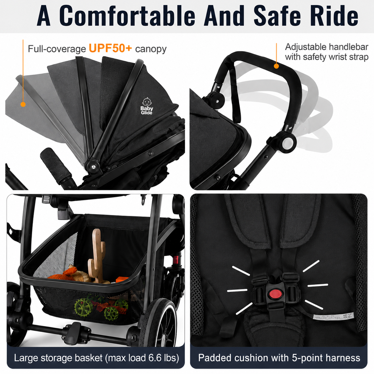 Luxury High Landscape Baby Stroller & Bassinet Travel System | One-Button Fold | High View | Baby Glide Black Stroller