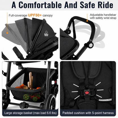 Luxury High Landscape Baby Stroller & Bassinet Travel System | One-Button Fold | High View | Baby Glide Black Stroller