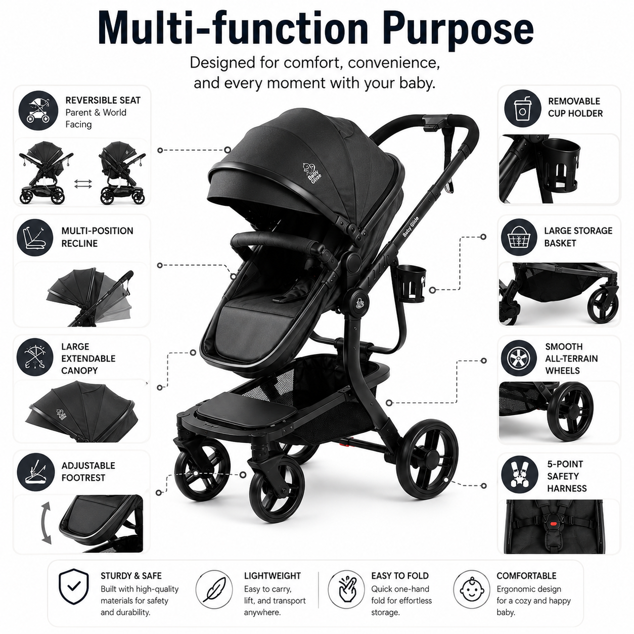 Luxury High Landscape Baby Stroller & Bassinet Travel System | One-Button Fold | High View | Baby Glide Black Stroller
