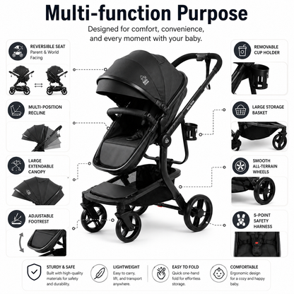 Luxury High Landscape Baby Stroller & Bassinet Travel System | One-Button Fold | High View | Baby Glide Black Stroller