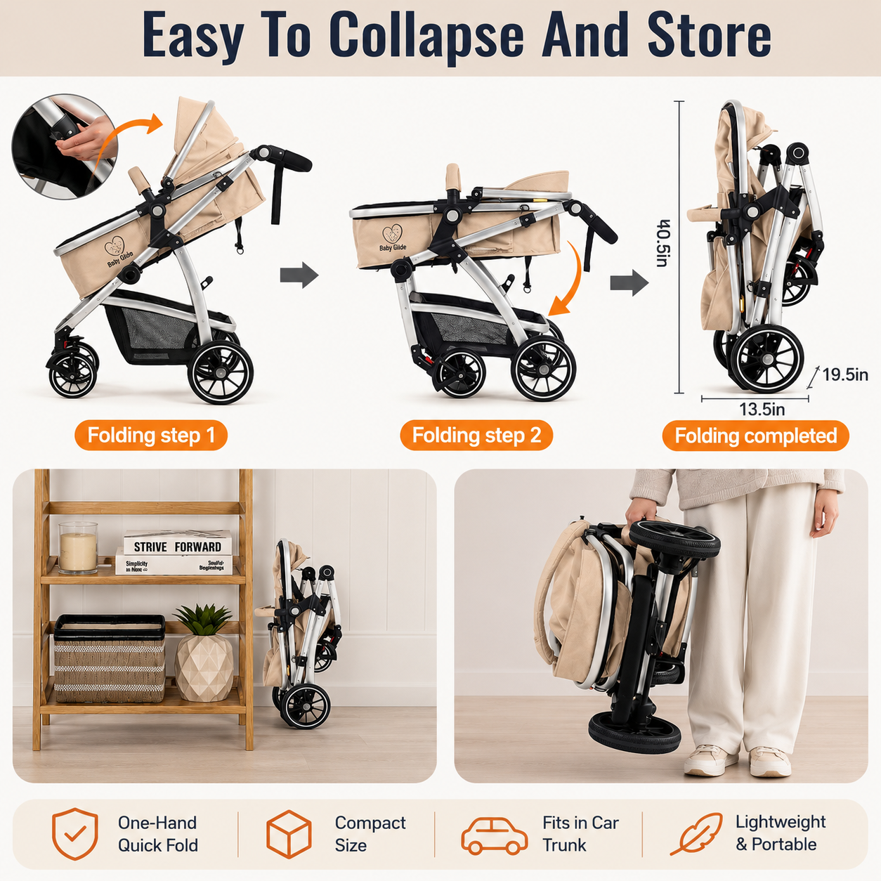 Luxury High Landscape Baby Stroller & Bassinet Travel System | One-Button Fold | High View-Beige