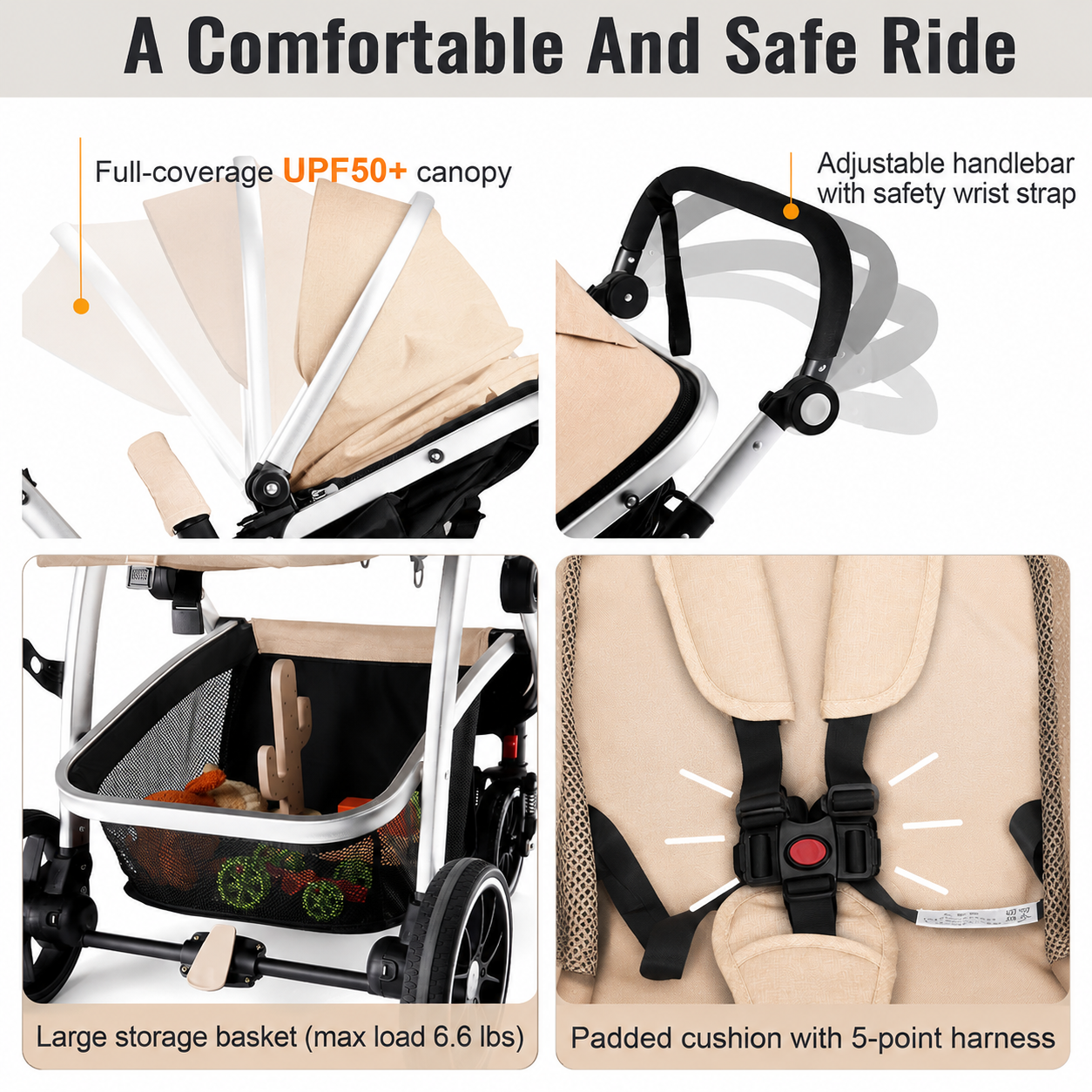 Luxury High Landscape Baby Stroller & Bassinet Travel System | One-Button Fold | High View-Beige