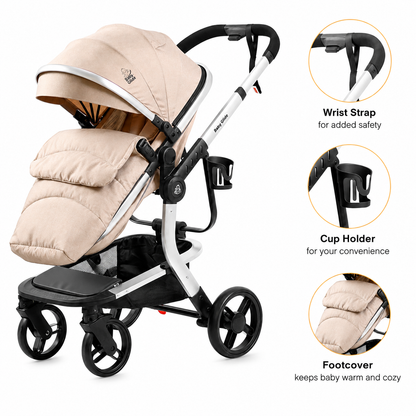 Luxury High Landscape Baby Stroller & Bassinet Travel System | One-Button Fold | High View-Beige