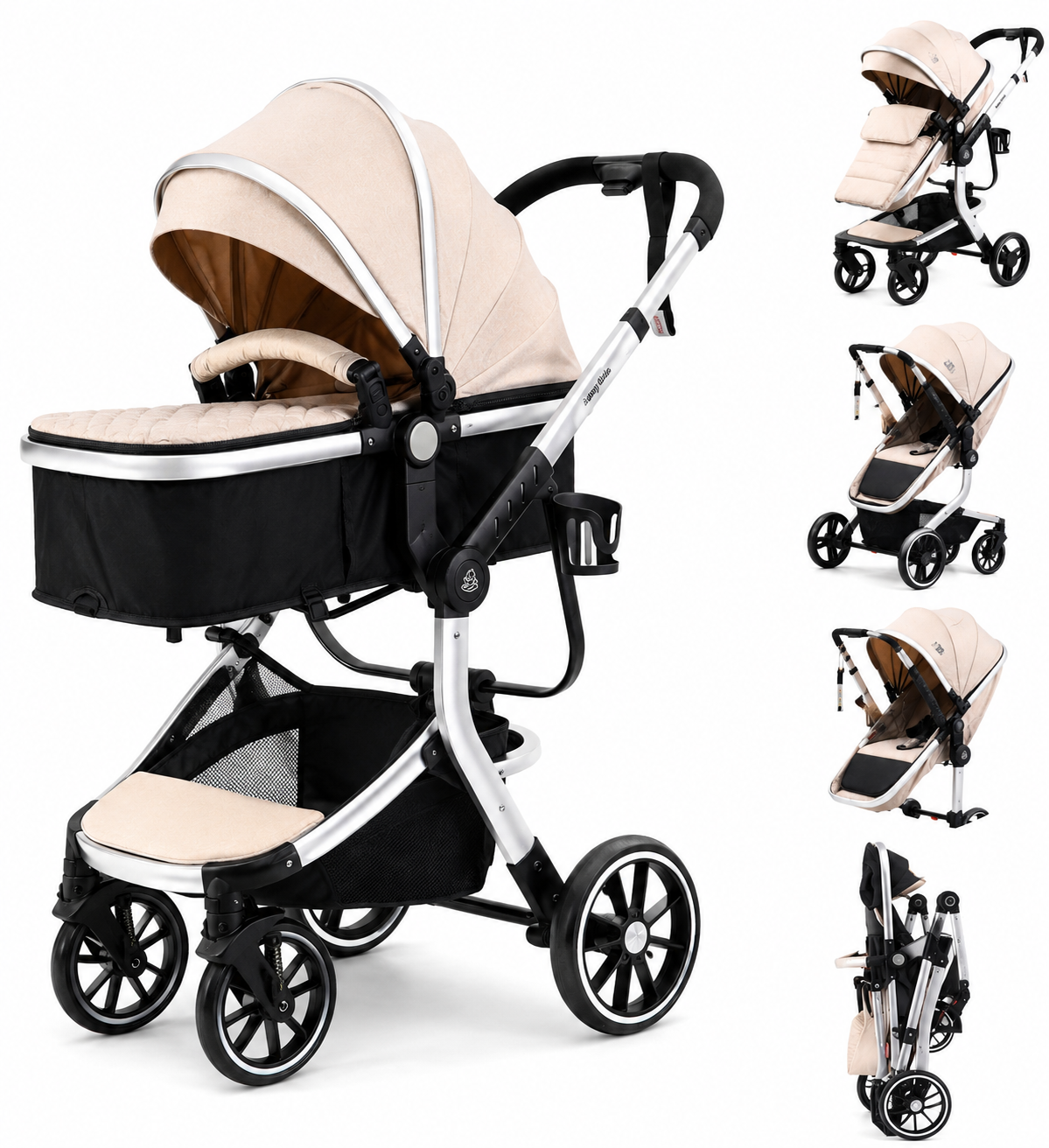Luxury High Landscape Baby Stroller & Bassinet Travel System | One-Button Fold | High View-Beige