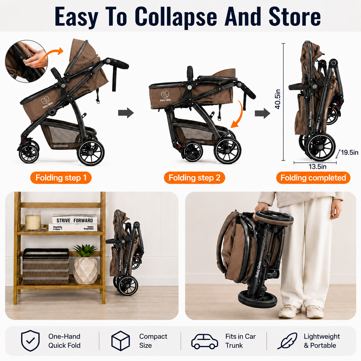 Baby Glide Luxury High View Baby Stroller with Reversible Seat, One-Hand Fold