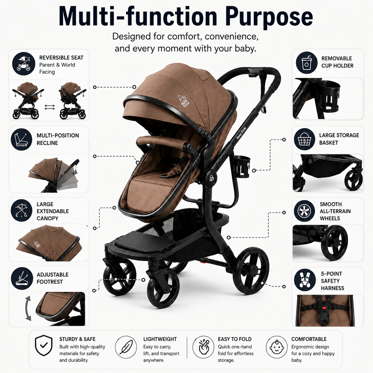 Baby Glide Luxury High View Baby Stroller with Reversible Seat, One-Hand Fold