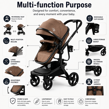 Baby Glide Luxury High View Baby Stroller with Reversible Seat, One-Hand Fold