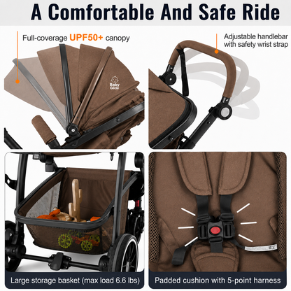 Baby Glide Luxury High View Baby Stroller with Reversible Seat, One-Hand Fold