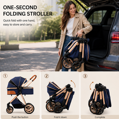 Baby Glide Luxury 2-in-1 Baby Stroller, Foldable Travel Stroller for Newborn to Toddler, Convertible Stroller with All-Terrain Wheels and UPF 50+ Canopy