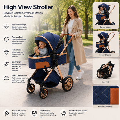 Baby Glide Luxury 2-in-1 Baby Stroller, Foldable Travel Stroller for Newborn to Toddler, Convertible Stroller with All-Terrain Wheels and UPF 50+ Canopy