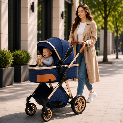 Baby Glide Luxury 2-in-1 Baby Stroller, Foldable Travel Stroller for Newborn to Toddler, Convertible Stroller with All-Terrain Wheels and UPF 50+ Canopy