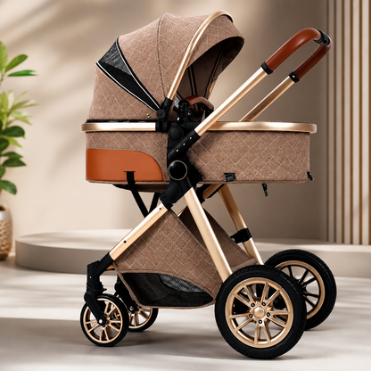 Luxury 2-in-1 Baby Stroller, Foldable Travel Stroller for Newborn to Toddler, Convertible Stroller with All-Terrain Wheels and UPF 50+ Canopy, Baby Glide Brown Stroller