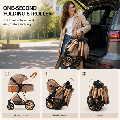 Luxury 2-in-1 Baby Stroller, Foldable Travel Stroller for Newborn to Toddler, Convertible Stroller with All-Terrain Wheels and UPF 50+ Canopy, Baby Glide Brown Stroller