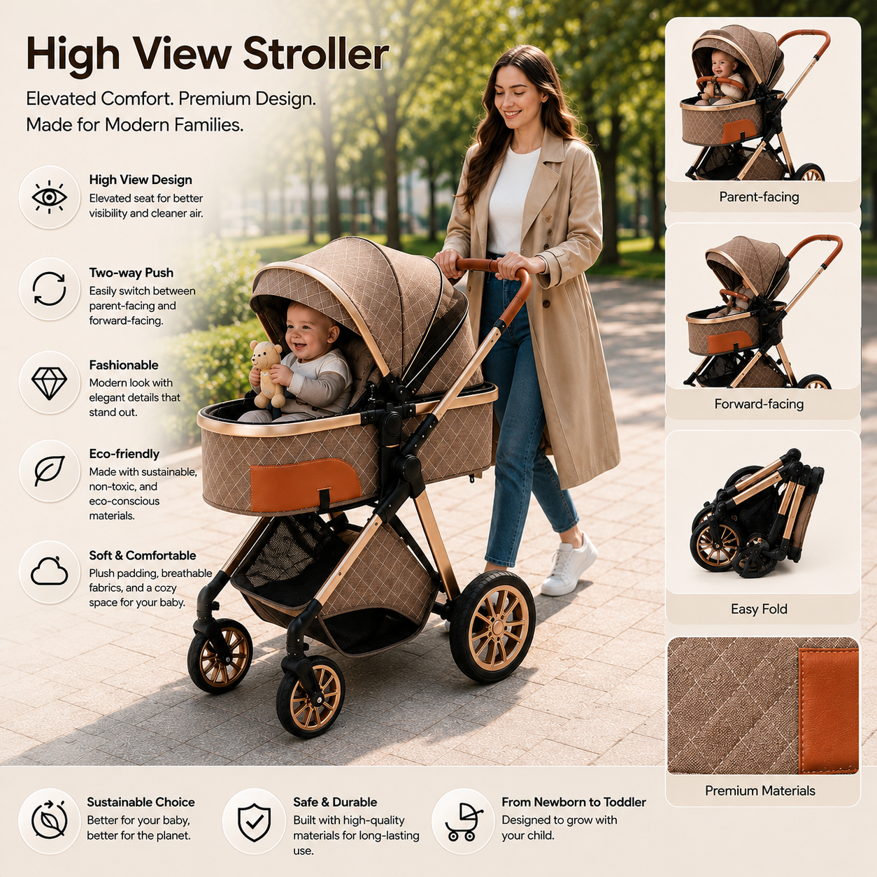 Luxury 2-in-1 Baby Stroller, Foldable Travel Stroller for Newborn to Toddler, Convertible Stroller with All-Terrain Wheels and UPF 50+ Canopy, Baby Glide Brown Stroller