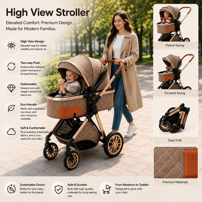 Luxury 2-in-1 Baby Stroller, Foldable Travel Stroller for Newborn to Toddler, Convertible Stroller with All-Terrain Wheels and UPF 50+ Canopy, Baby Glide Brown Stroller