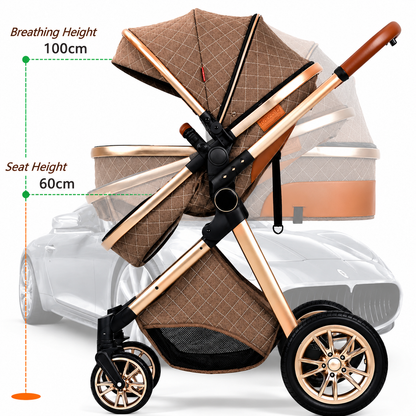 Luxury 2-in-1 Baby Stroller, Foldable Travel Stroller for Newborn to Toddler, Convertible Stroller with All-Terrain Wheels and UPF 50+ Canopy, Baby Glide Brown Stroller