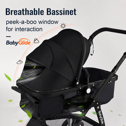 Luxury High Landscape Baby Stroller & Bassinet Travel System | One-Button Fold | High View | Baby Glide Black Stroller