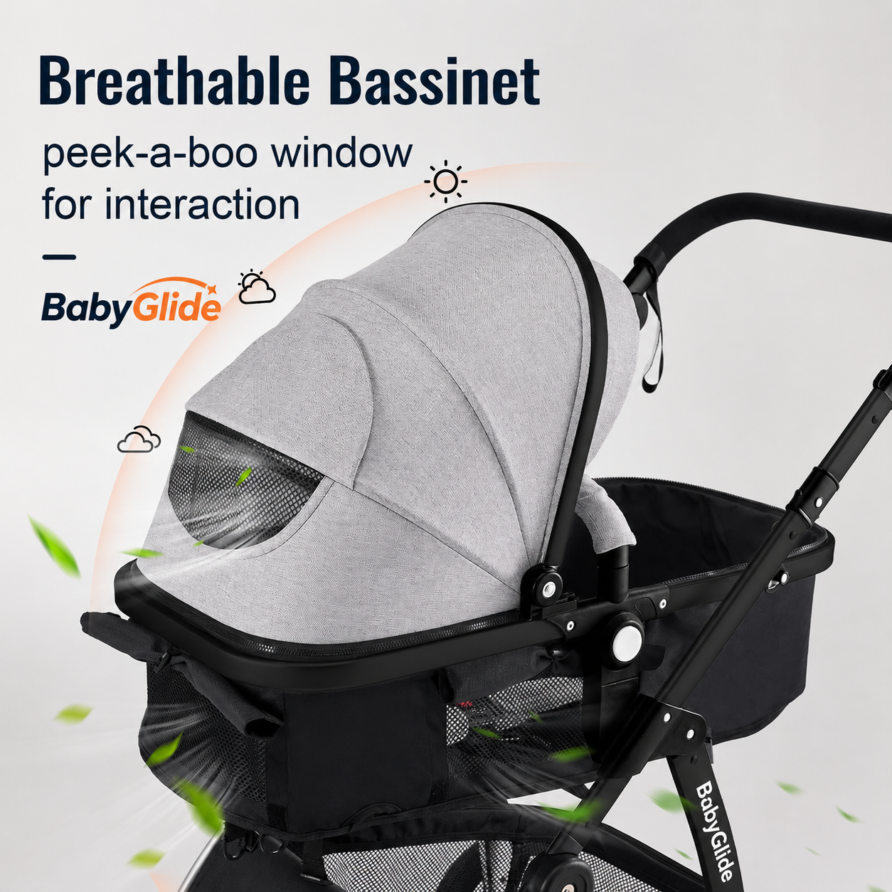 Baby Glide Luxury Reversible Baby Stroller – High Landscape Pram with Adjustable Push Handle, One-Hand Fold, Large Storage Basket, 5-Point Safety Harness, Extendable Canopy, Cup Holder & Australian Standard Tested