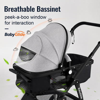 Baby Glide Luxury Reversible Baby Stroller – High Landscape Pram with Adjustable Push Handle, One-Hand Fold, Large Storage Basket, 5-Point Safety Harness, Extendable Canopy, Cup Holder & Australian Standard Tested