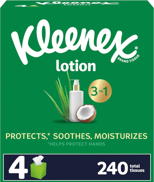 Kleenex Lotion Facial Tissues with Coconut Oil, 4 Cube Boxes, 60 Tissues Per Box, 3-Ply
