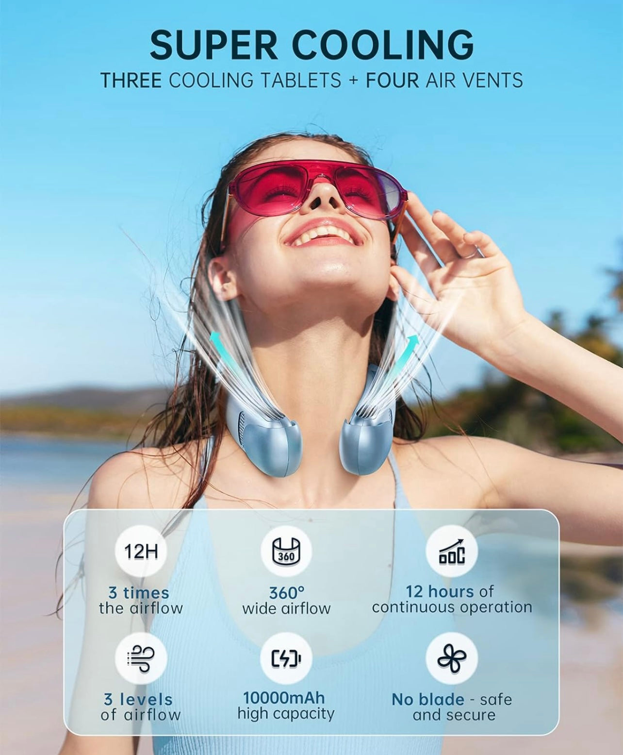 Neck Air Conditioner Portable Neck Fan 26H Ultra-Long Life, 10000mAh Semiconductor Cooling Neck Fan, Wearable Air Condirioner, 3D Airflow Hanging Personal Fan, 3 Speeds, 1s Cold & Strong Wind