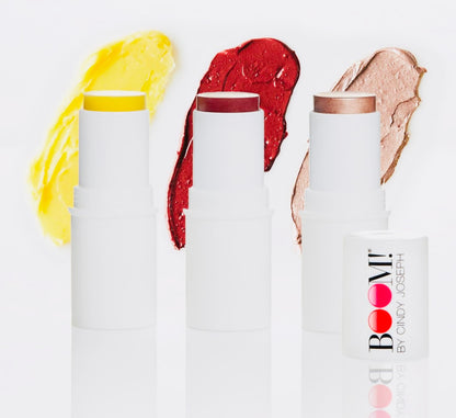 BOOM! by Cindy Joseph Boomstick Trio - 3 Pack Boom Makeup Sticks - Blush Stick in Berry, Highlighter Stick & Moisturizer Stick - Multi-Use Vegan Makeup Sticks for Older Women & Mature Skin